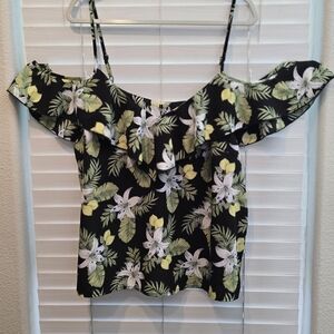 SHEIN Black Floral Off-Shoulder Ruffle Camisole with Straps